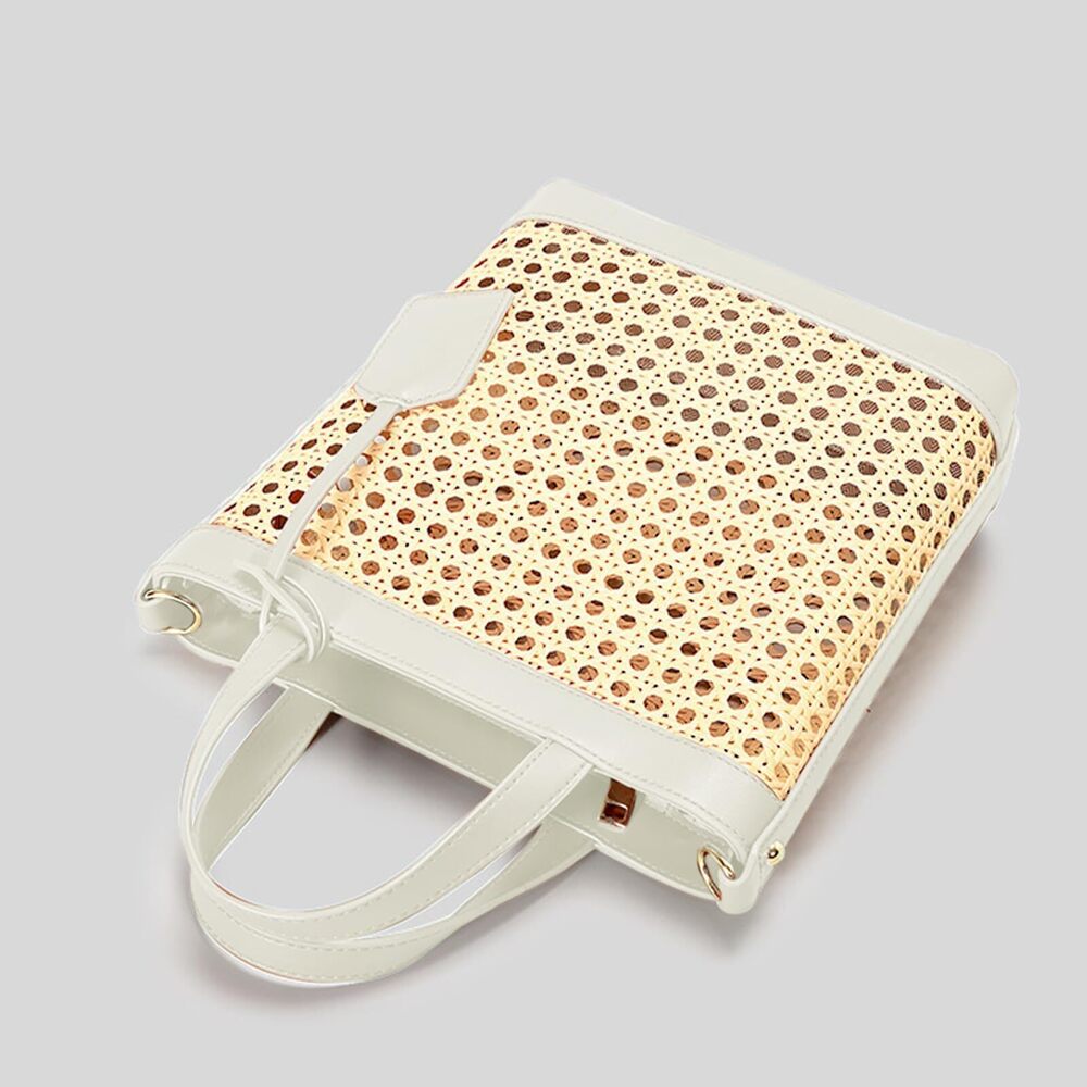 3842 Beach Bag, Bamboo Openwork Straw Bag Stitched Leather, With Adjustable - Picture 7 of 9